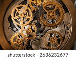Clockwork mechanism. Gears and cogs rotating.
