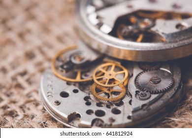 Clockwork old mechanical USSR watch. close up, macro shot