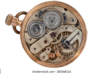 clockwork old pocket watch closeup isolated on white background