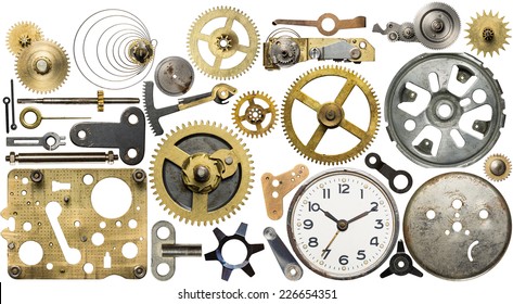 Clockwork spare parts. Metal gear, cogwheels, dial.