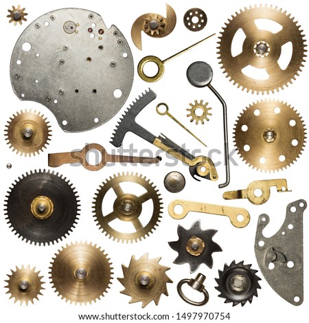 Clockwork spare parts. Metal gear, cogwheels and other details.