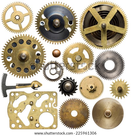 Clockwork spare parts. Metal gear, cogwheels.