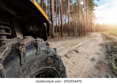 Clode-up Detail Of ATV Awd Quadbike Motorcycle Pov Tyre View Dirt Country Forest Road Beautiful Nature Morning Sunrise Landscape. Offroad Travel Adventure Trip Expedition. Extreme Recreation Activity