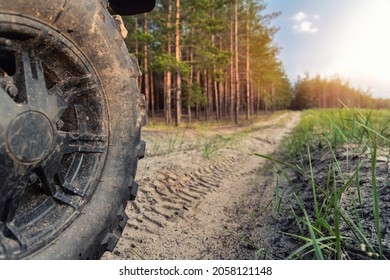 Clode-up Detail Of ATV Awd Quadbike Motorcycle Pov Tyre View Dirt Country Forest Road Beautiful Nature Morning Sunrise Landscape. Offroad Travel Adventure Trip Expedition. Extreme Recreation Activity