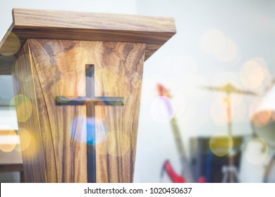 cloe up of the pulpit with Jesus cross in church service, can  be used for christian background - Shutterstock ID 1020450637