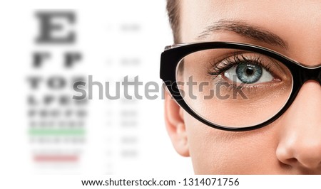 Cloese up of young woman wearing eyeglasses with eye test in the background