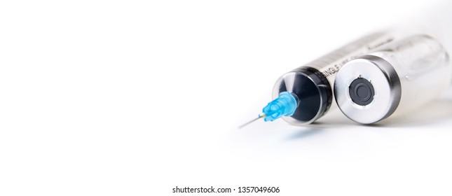 Cloesup of flu, hpv or measles vaccine and syringe with needle isolated on white medical background, medicine and drug concept