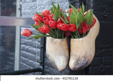 Clogs And Red Tulips, Amsterdam, Holland, Netherlands