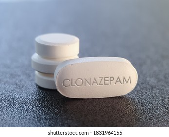 Clonazepam Drug Medication tablet used to treat seizures panic disorder and movement disorder, akathisia. Benzodiazepine sedative Pill for epilepsy