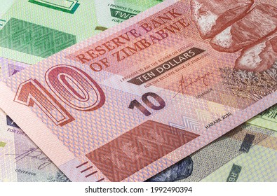 Close Up To 10 Dollars Of The Republic Of Zimbabwe. Paper Banknotes Of The African Country. Detailed Capture Of The Front Art Design. Detailed Money Background Wallpaper. Currency Bank Note