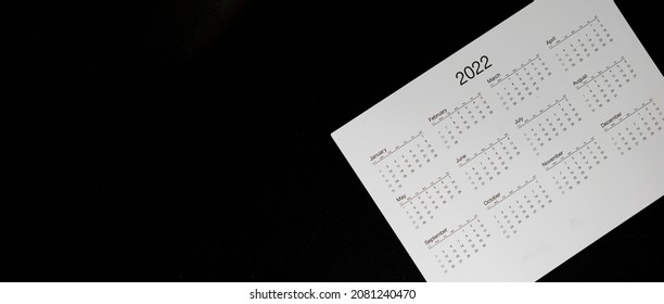 Close Up 2022 Calendar With Banner Size And Copy Space Black Background, Schedule Arrangement And Manage  Appointment, Timetable, Timeline, Planner Agenda And Payment Reminder In Advance