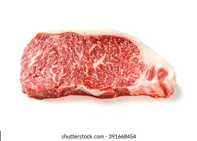 Close up 240 grams wagyu beef striploin steak isolated on white