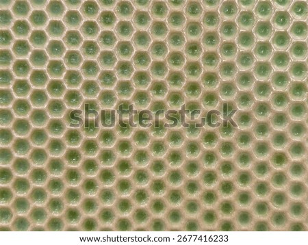 Close up of 3d hexagonal or honeycomb shape porcelain tiles in green color. Suitable for pottery, tiles, and porcelain. Seamless background texture.