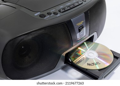 Close Up Of 90s Style Ghetto Blaster Boombox With CD Inserted