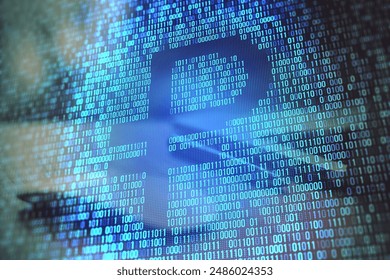 Close up of abstract blue binary coding hologram with ruble outline on blurry workplace background. Digital money and cryptocurrency concept. Double exposure