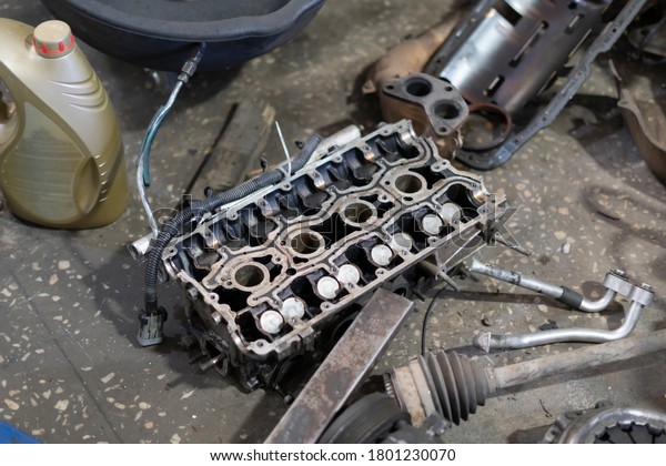 close up abstract car engine motor,\
disassembled auto detail, fix problems in\
service