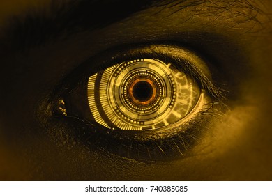 Close up of abstract eye with digital pattern. Biometrics and ID concept