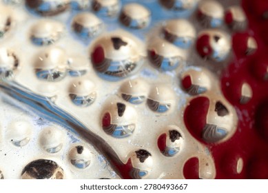 Close up abstract metallic surface with rounded reflective dimples and warm gold tones. Glossy futuristic texture background with reflective highlights and organic pattern detail.
