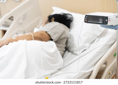 Close up adjust infusion pump set iv fluid intravenous drop saline drip with blurry patient woman on hospital bed in hospital room.Medical treatment emergency patient concept