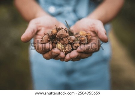 close up of adult caucasian man with a pile of hazelnuts in his hands