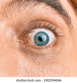 Close Up Of Adult Man Eye, Blue And Green Iris Color