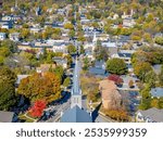 Close up aerial images of a beautiful old church overlooking the Cedarburg Wisconsin downtown