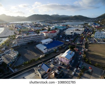 Close Up Aerial Overview Of Philipsburg St.maarten Capital.  View Of Grand Carnival Parade.