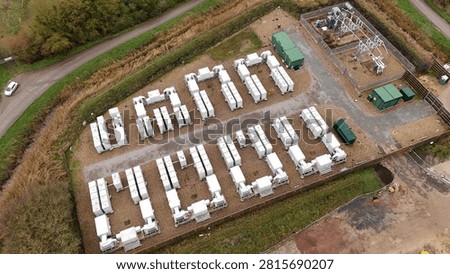 Close up aerial view of containerized BESS battery energy storage system for net zero grid power