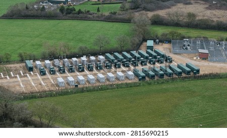 Close up aerial view of containerized BESS battery energy storage system for net zero grid power