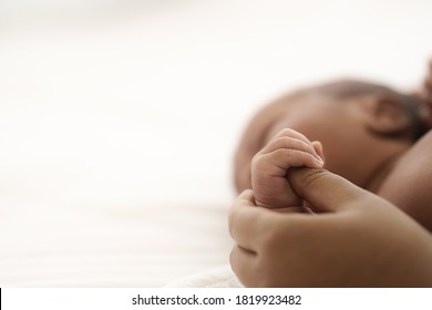 Close up of african american infant baby hand holding mother thumb - Shutterstock ID 1819923482