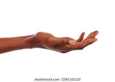 Close up of african american woman hand with palm facing upwards with copy space. Woman hand showing empty hand isolated against white background. Empty open female palm ready for your beauty product. - Powered by Shutterstock