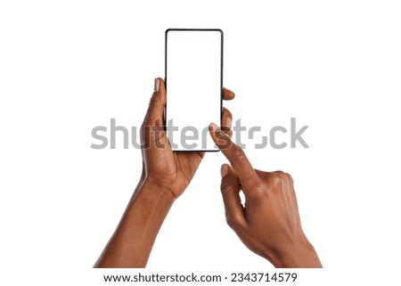 Close up of african american woman hands showing smartphone against white background. Black woman hands touching blank empty screen of cellphone. Close up of female hands using app on mobile phone.