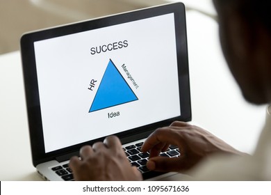 Close Up Of African American Worker Looking At Screen Developing Success Business Model Preparing Conference Presentation Slides. Black Intern Take Online Educational Course, Studying Materials