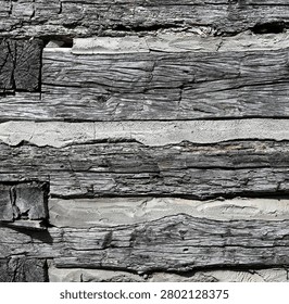 Close up of aged log cabin flat logs and chinking surface with dry cracked rough wood, natural patina color, and a few rusty nails. The porous cracked chipping chinking fills the gaps between the horizontal logs, and a vertical row of log end cuts appears along the left frame edge in a horizontal orientation.