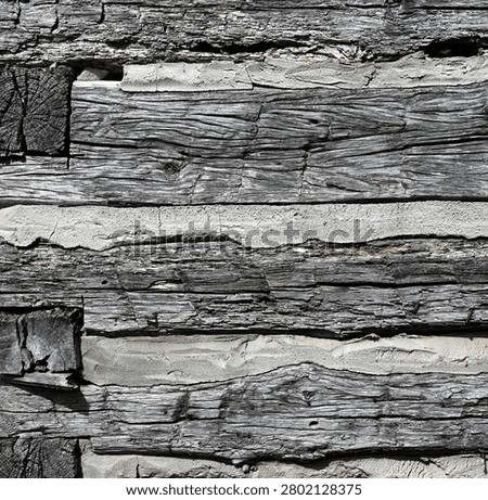 Close up of aged log cabin flat logs and chinking surface with dry cracked rough wood, natural patina color, and a few rusty nails. The porous cracked chipping chinking fills the gaps between the horizontal logs, and a vertical row of log end cuts appears along the left frame edge in a horizontal orientation.
