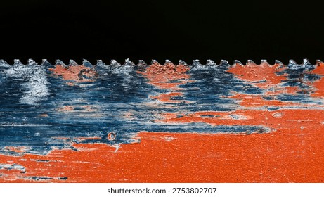 Close up of an aged saw blade with sharp teeth, exhibiting distressed textures from peeling red and blue paint over rusted metal. Photography, no generative ai