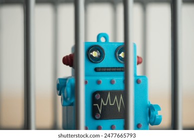 Close up AI artificial intelligence bot in jail with white wall background. Artificial intelligence AI law, regulation, act concept.