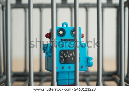 Close up AI artificial intelligence bot in jail with white wall background. Artificial intelligence AI law, regulation, act concept.