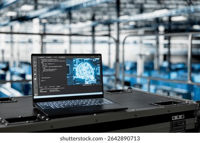 Close up of AI code running on laptop managing server room rigs machines powering networks. Artificial intelligence tech on notebook in data center facility helping process large datasets
