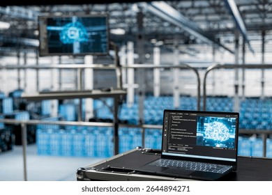 Close up of AI powered script running on laptop in server room built for digital storage systems. Artificial intelligence technology on notebook in data center facility helping power online services