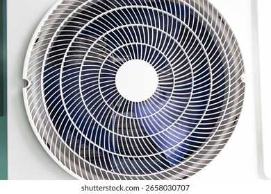  Close up of air conditioner compressor source heat pumps on white wall outdoor on roof top of building for cooling at industrial plant. Cooling pump technology for home or office.