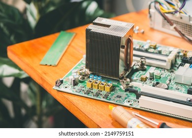 Close Up Air-cooled Heatsink For Cpu Installed On Mother Board.