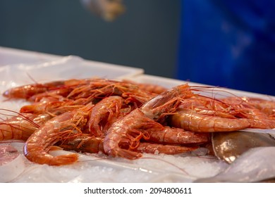 Close Up Of Alive Shrimps At The Italian Market On Blurred Background