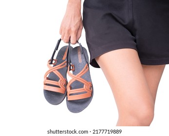 Close Up Alone Woman Holding Flip Flop Isolated On White Background. Card Or Poster For Tourist Vacation Relax Travel Tropical Summer Holidays Of Start Again, Strong, Purposeful, Broken Heart Concept.