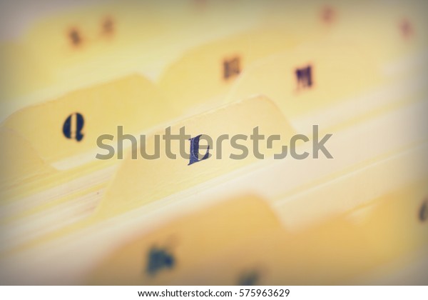 Close up of
alphabetical index cards in a
box