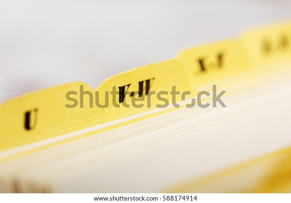Close up of
alphabetical index cards in a
box