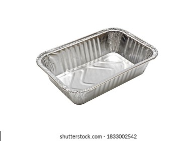 Close Up Aluminium Tin Foil Box Deposible Over White Background.