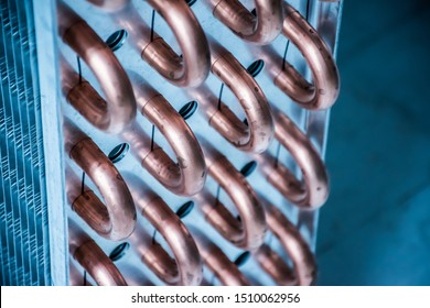 Close up aluminum fin of cooling condenser coil of air condition system. Pattern for abstract background.