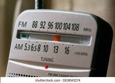 Close Up Of Analogue Radio Frequency Tuner. FM AM Tuner.