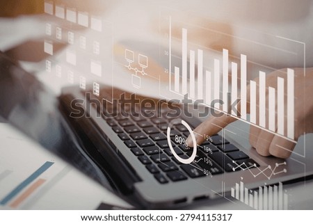 Close up of analyst hands typing on laptop with a bstract digital marketing